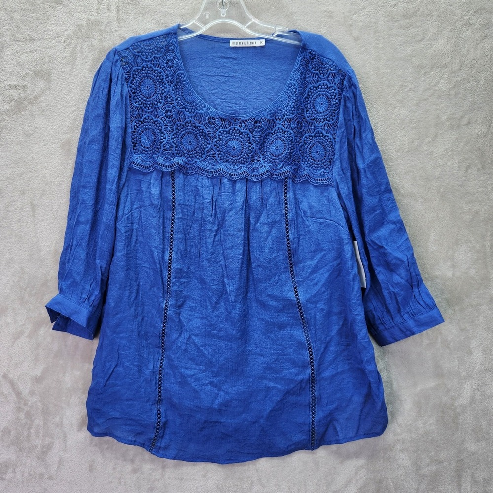 Figueroa & Flower Womens 1X Blue Crochet Lace Tunic Top 3/4 Sleeve Career Office